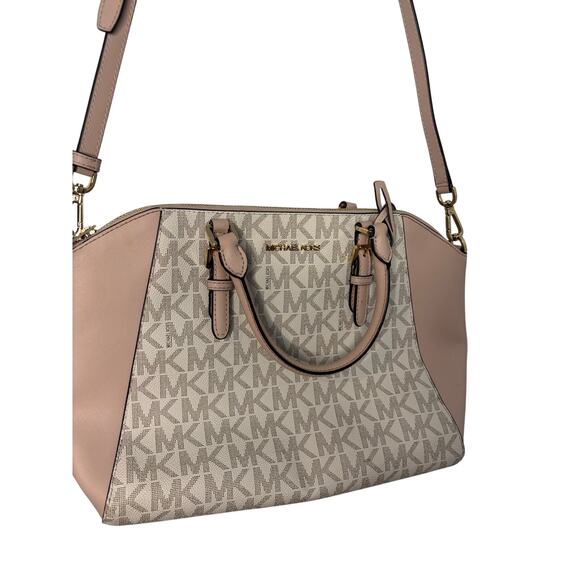 Michael Kors Ciara Large Signature Top Zip Satchel Handbag Pink and Cream - Picture 1 of 8